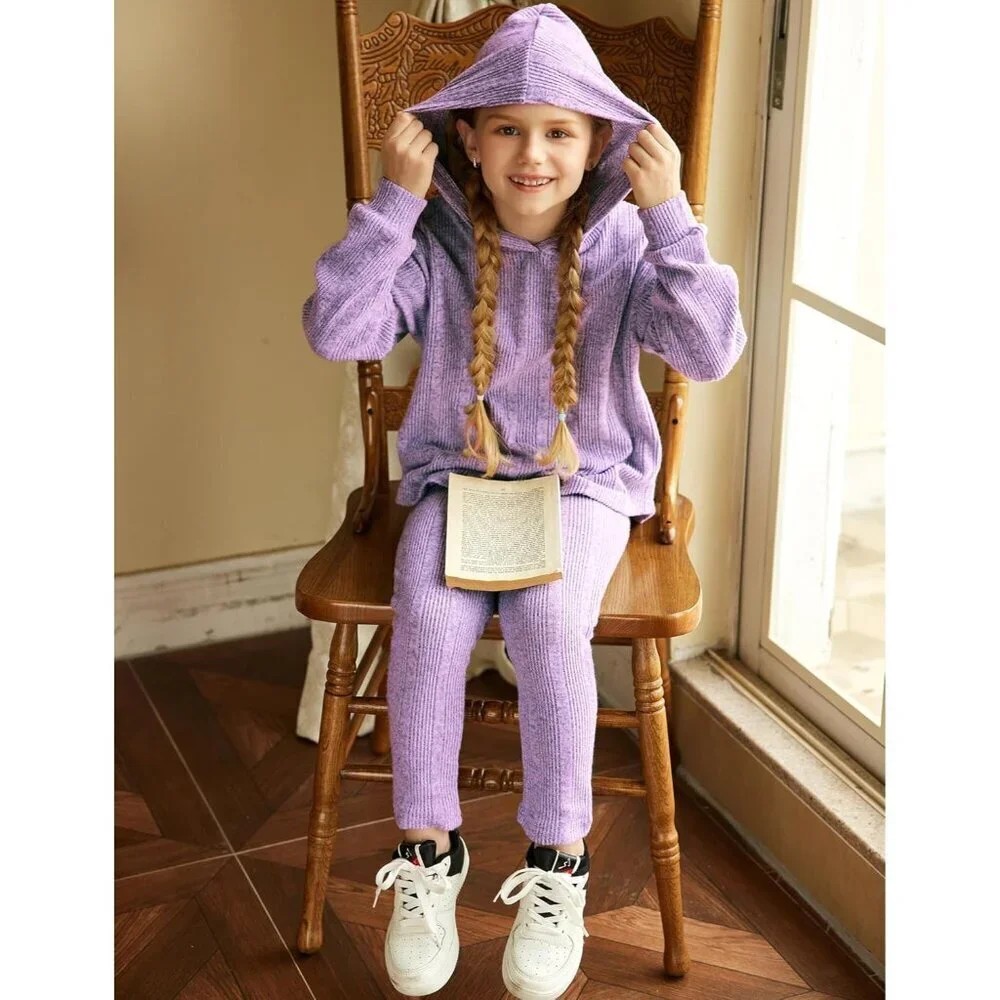 Girl's Sweaters Set 2 Piece Outfits Rib-Knit Sweatsuits Cute Pullover Sweatshirt